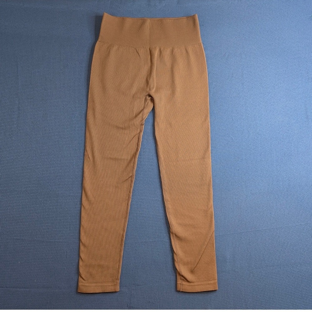 OQQ Women Ribbed Seamless Leggings High Waisted Yoga Pants Camel Brown XL
